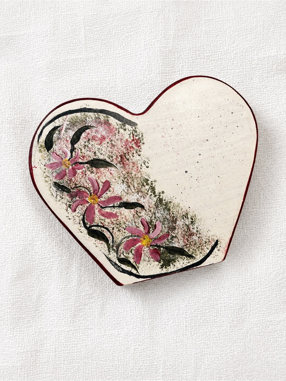 Vintage 90s Hand-Painted Heart Wall Art with Pink Floral Design